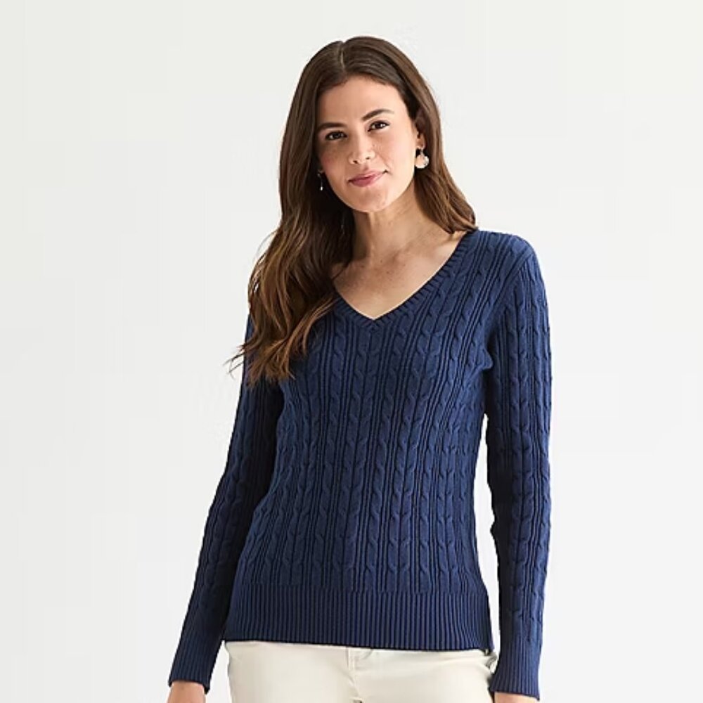 NWT St. John's Bay Womens V Neck Long Sleeve Cable Knit Pullover Sweater, Large